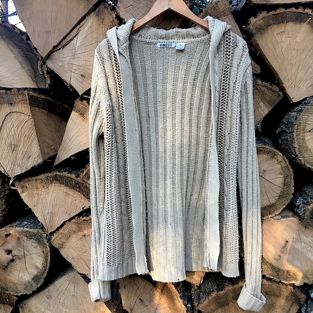 Vintage long knit hooded sweater tan cream small